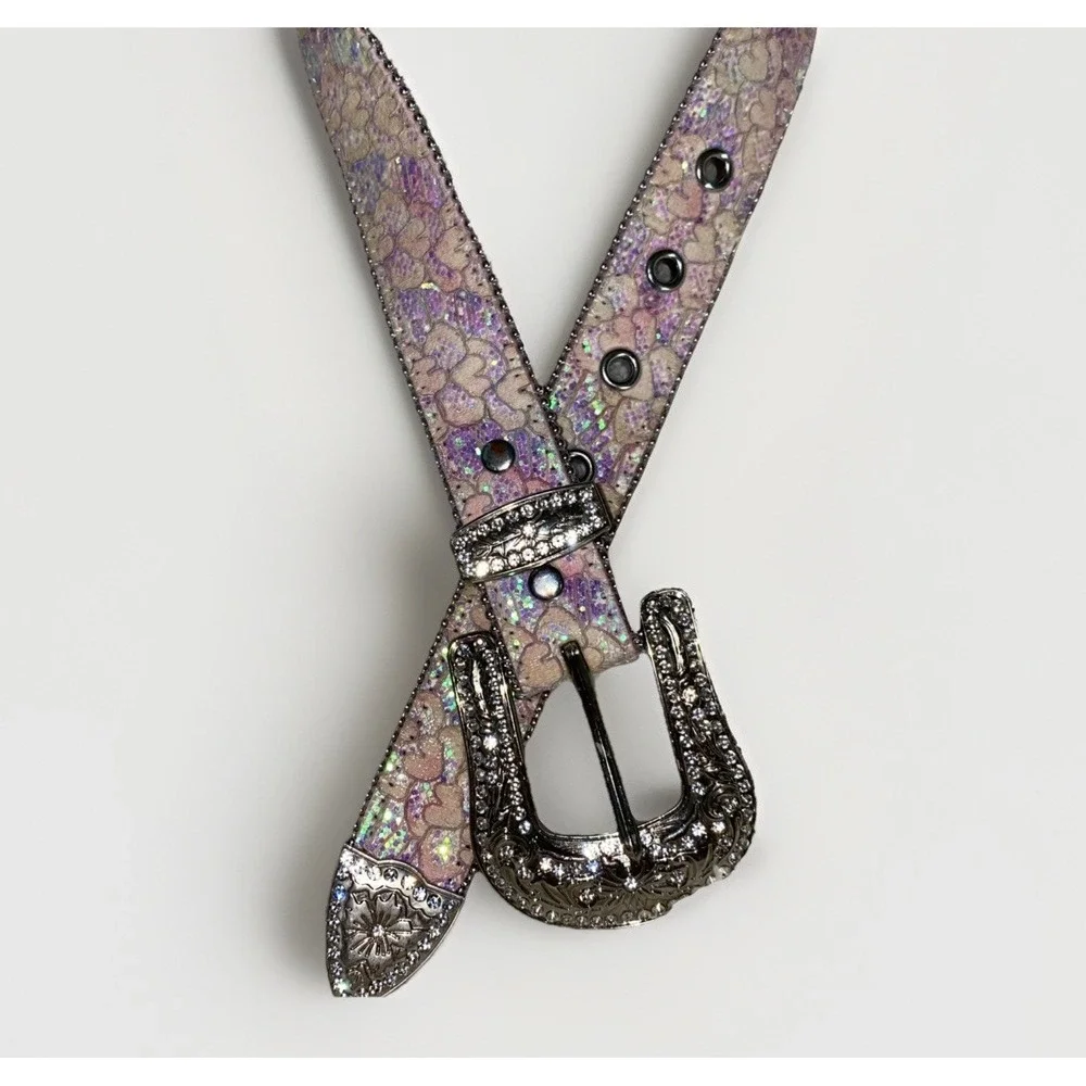 Shyanne Girls Pink Iridescent Heart‎ Floral Leather Rhinestone Western Belt 22